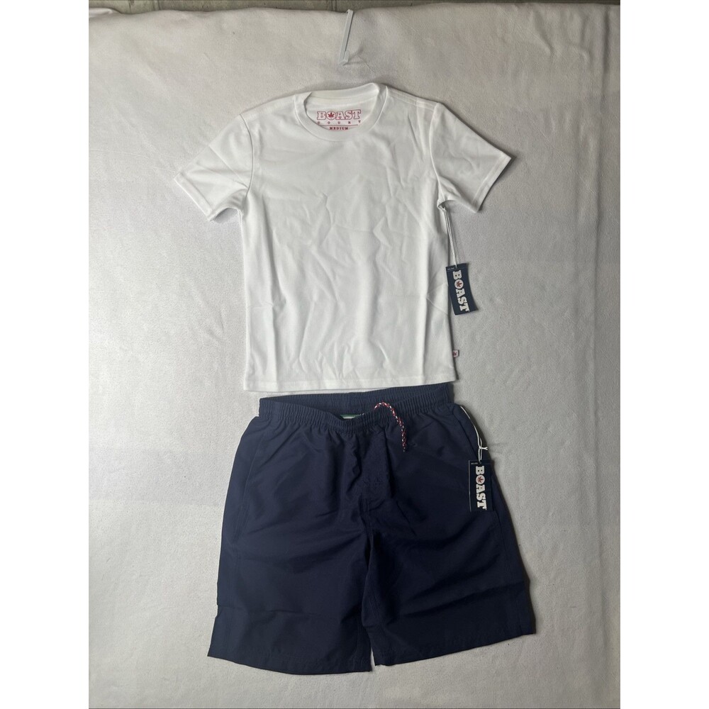 Boast Set Boy's Solid Court Tee,med, White & Blank Club Shorts Navy